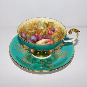 VTG Aynsley Teal Blue Green gold Scroll Orchard Fruit  Teacup and Saucer 2159